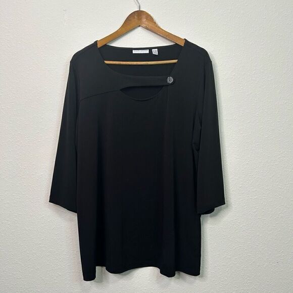 Susan Graver Liquid Knit Solid Black Keyhole 3/4 Sleeve Top Women’s Size 2X P - Picture 1 of 12